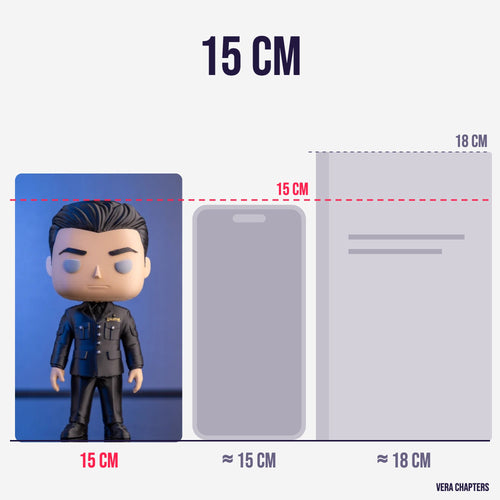 The Colonel — size comparison: 15 cm figure next to a smartphone and a paperback