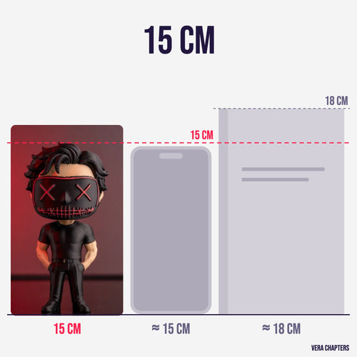 The Malicious Elite — size comparison: 15 cm figure next to a smartphone and a paperback